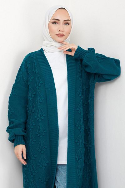hafsamina Cherry Patterned Long Knitwear Cardigan Petrol HM2334