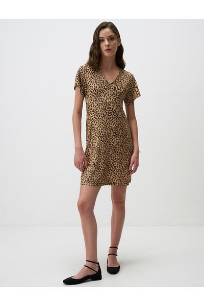 Jimmy Key Mixed V Neck Relaxed Fit Leopard Print Mini Dress