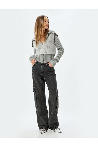 Koton Cardigan slim cu guler cu fermoar din blană artificială - nervurat