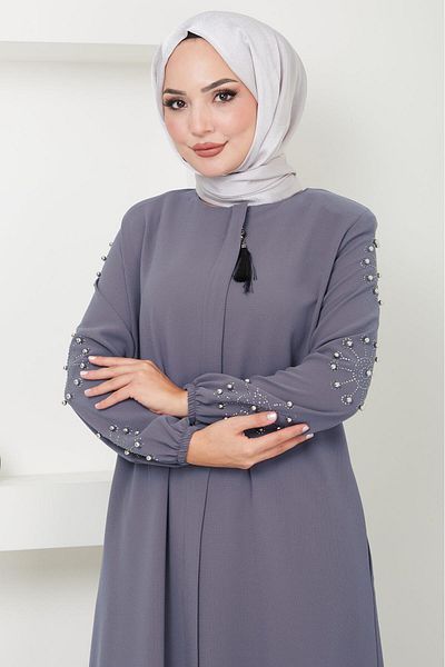 hafsamina Gray Ferace with Stone and Pearl Detail - HM2494