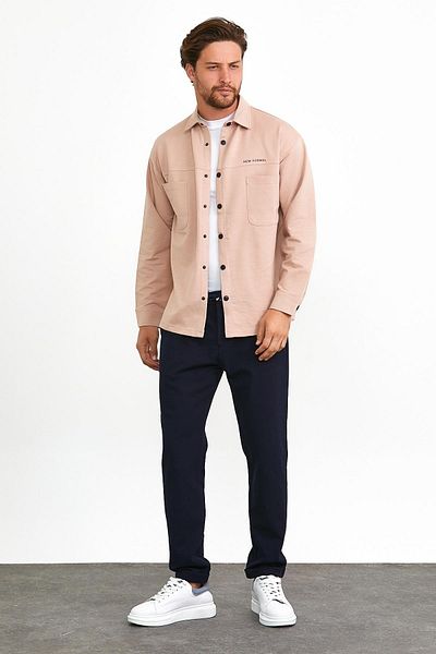 odelon Ανδρικό φούτερ σε χρώμα πούδρας Slim Fit - Εξωτερικό πουκάμισο με λεπτομέρεια