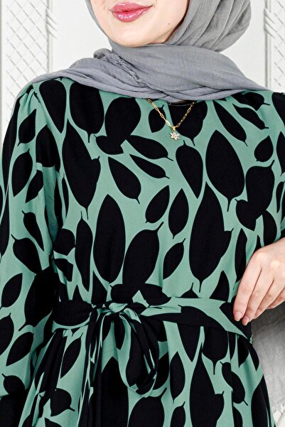 Sevitli Πράσινο φόρεμα Viscon - Φούστα με βολάν και μοτίβο φύλλων