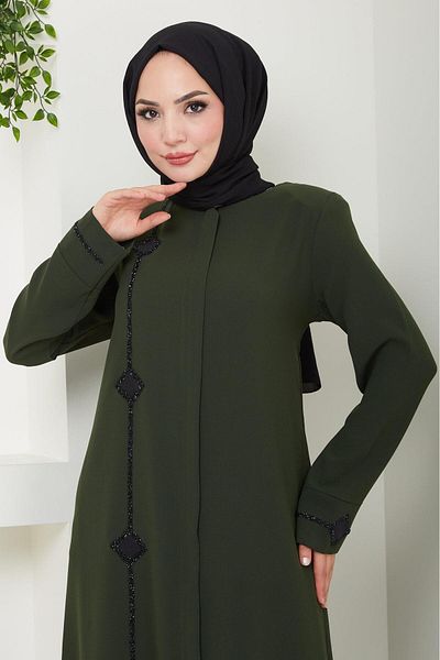 hafsamina Khaki Ferace - Erva Stone Detailed, Model HM2478
