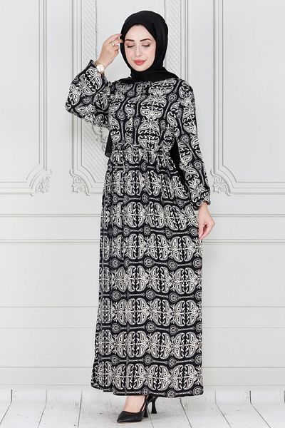 Sevitli Black Viscose Dress - Shawl PaTTern and WaisT Tunnel