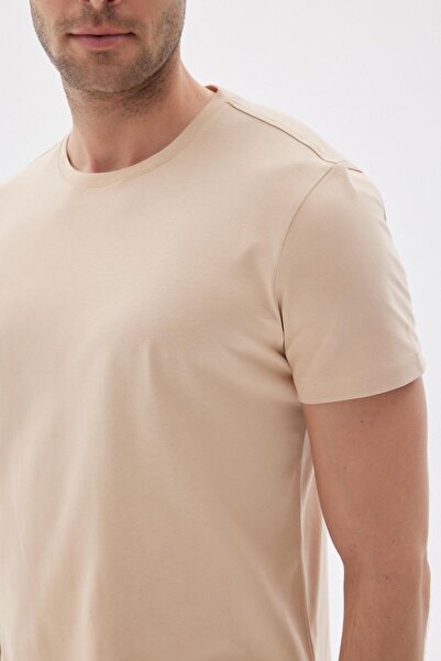 odelon Ανδρικό μπλουζάκι με λαιμόκοψη σε μπεζ Slim Fit Crew - 100% βαμβάκι