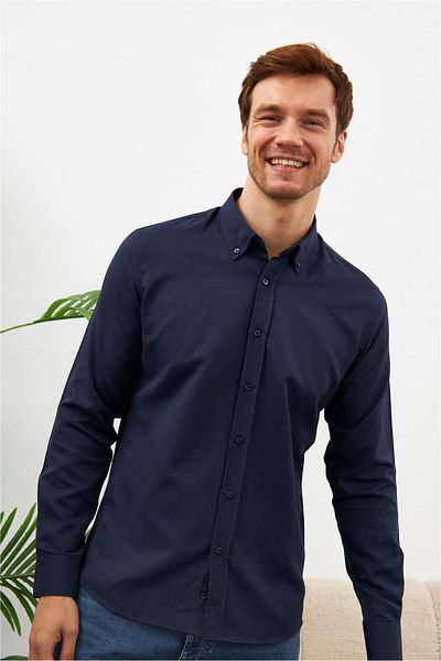 odelon Ανδρικό πουκάμισο Oxford Slim Fit - Easy-Iron, Navy Blue, Mars36