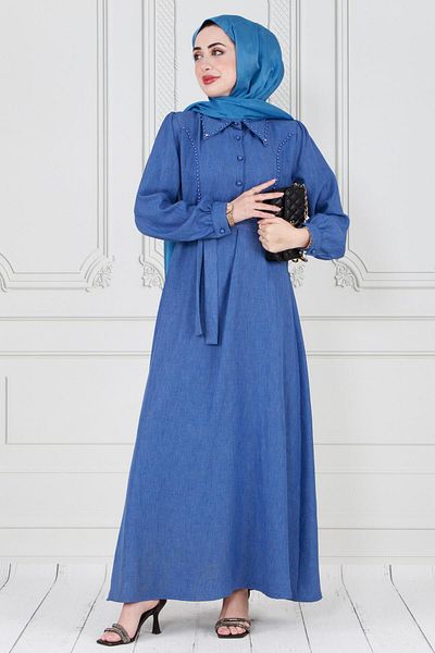 Sevitli Rochie Hijab Albastra - Perla Detaliata si Cu Curea