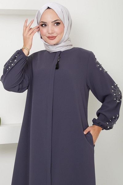 hafsamina Smoked Color Stone and Pearl Detailed Ferace HM2494
