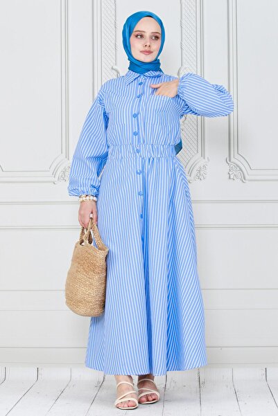 Sevitli Μπλε ριγέ φόρεμα με κουμπιά