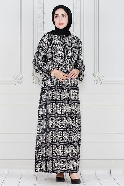 Sevitli Black Viscose Dress - Shawl PaTTern and WaisT Tunnel