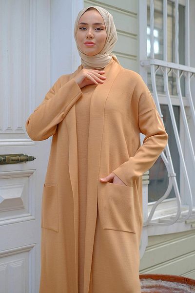 hafsamina Gilet Cardigan Double Knitwear Set Camel HM2236