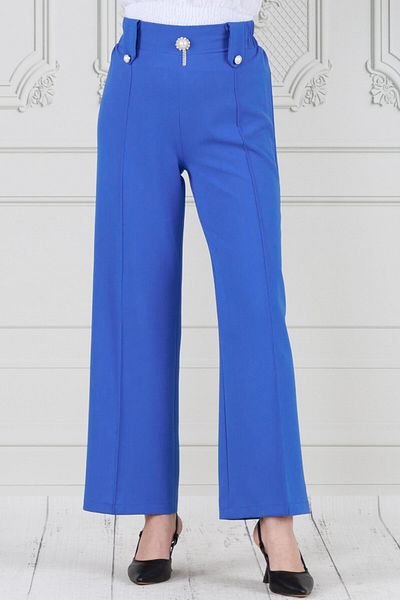 Sevitli Brooch Detailed - Striped Wide Leg Blue Trousers