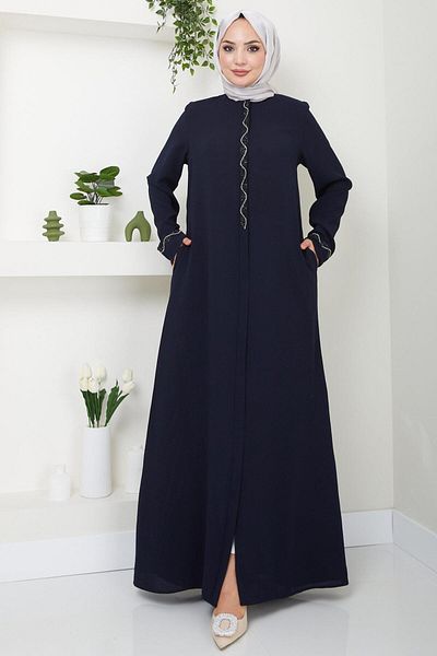 hafsamina Navy Blue Desita Ferace - Stone Detailed HM2469