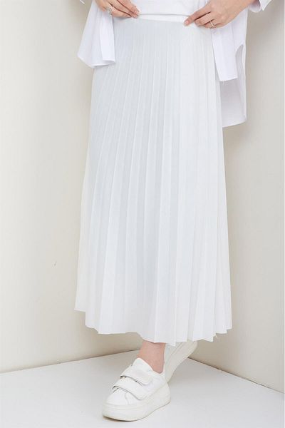 hafsamina Leather Look Pleated Skirt White with Elastic Waist