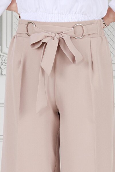Sevitli Pantaloni largi de culoare bej cu detaliu inel