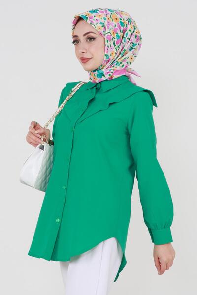 Sevitli Poplin Tunic with Fold Detail at the Collar - Green
