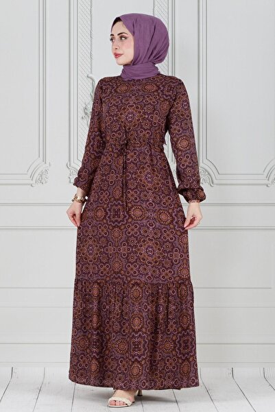 Sevitli Φόρεμα βισκόζης - Σχέδιο πλακιδίων, τούνελ μέσης, αποξηραμένο τριαντάφυλλο