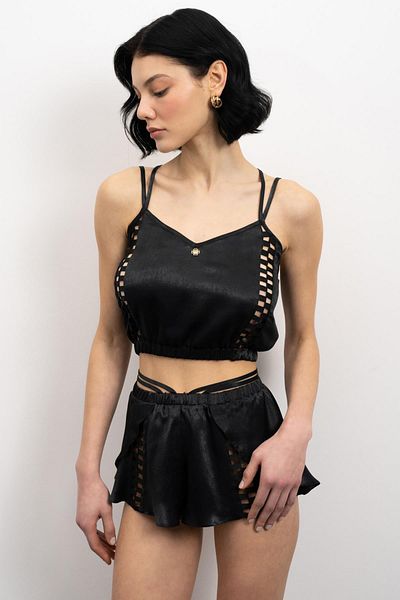 Feu De Elu Set pijamale din satin - Detaliu Amative Grosgrain, pantaloni scurți negri