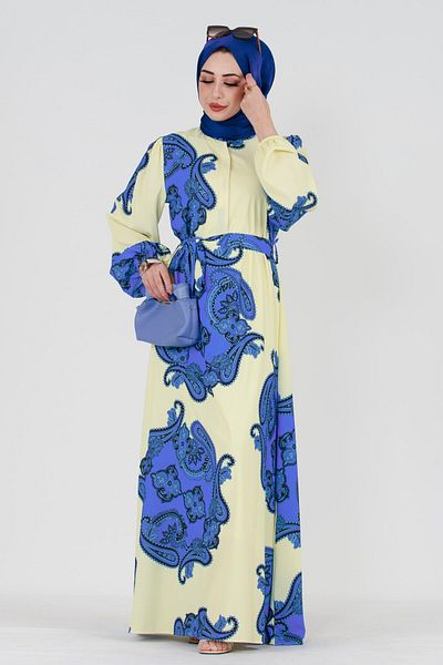 Sevitli Hidden Button Shawl Pattern Dress-blue