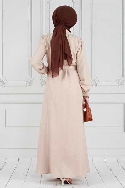 Sevitli Μπεζ λινό φόρεμα - με μαργαριταρένιο κλείσιμο και λεπτομέρεια με κουμπιά