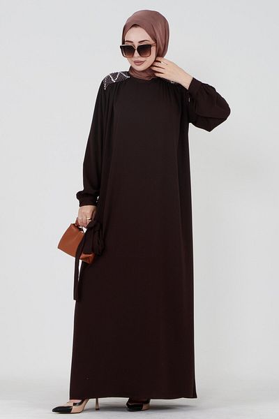 Sevitli Embroidered Shoulder Waist Belted Hijab Dress-Brown