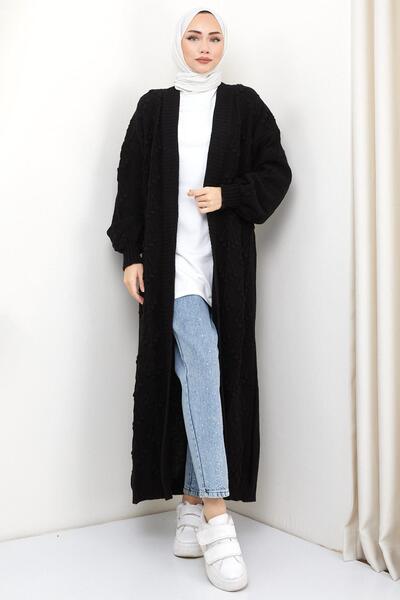 hafsamina Ζακέτα μακριά πλεκτά με σχέδιο κερασιού Μαύρη HM2334