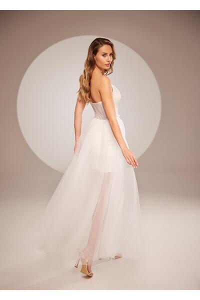 aşkın göksu Beyaz Straplez Beden Transparan Payetli Demonte Kuyruklu Kadın Abiye