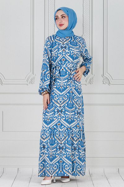 Sevitli Blue Viscose Dress - Motif Pattern and Belted Waist