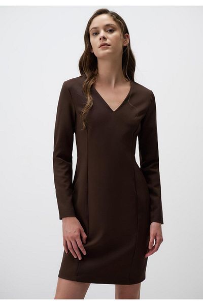 Jimmy Key Brown V Neck Long Sleeve Mini Dress