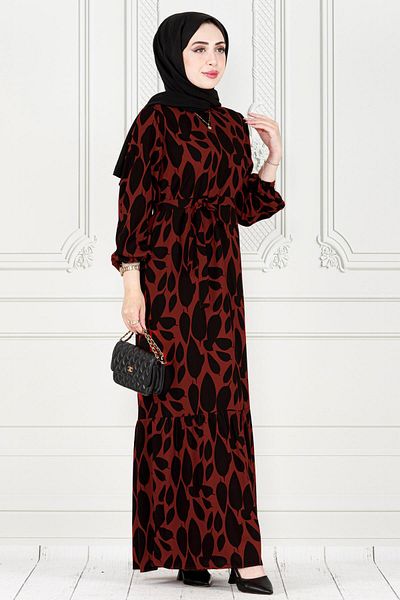 Sevitli Burgundy Viscose Dress - Ruffle Leaf Patterned Skirt