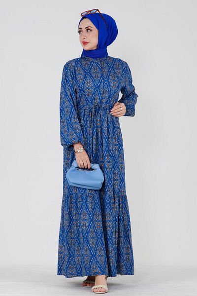 Sevitli Baklava Pattern Viscose Dress with Tunnel Waist - Sax Blue