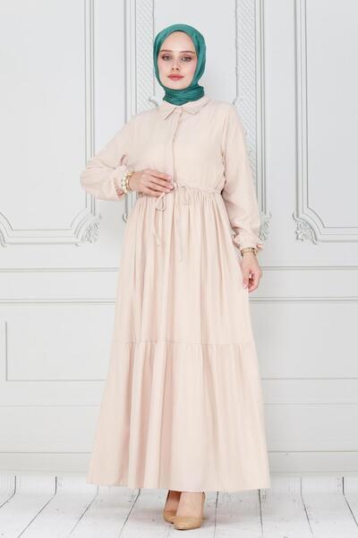 Sevitli Φόρεμα Sare σε μπεζ χρώμα - με γιακά πουκαμίσου και τούνελ μέσης