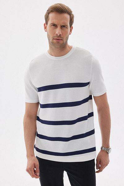 odelon Ανδρικό πλεκτό μπλουζάκι Ecru Rayon - Crew Neck, ριγέ Limited μοντέλο