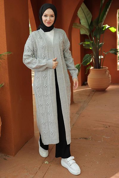 hafsamina سترة تريكو رمادية طويلة - نمط الكرز، HM2334