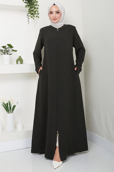 hafsamina Χακί Plus Size Ferace με φερμουάρ - HM2488
