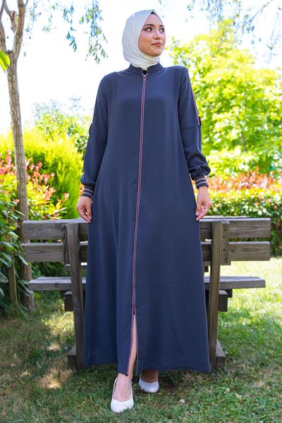 hafsamina Anthracite Abaya with Piping Detail