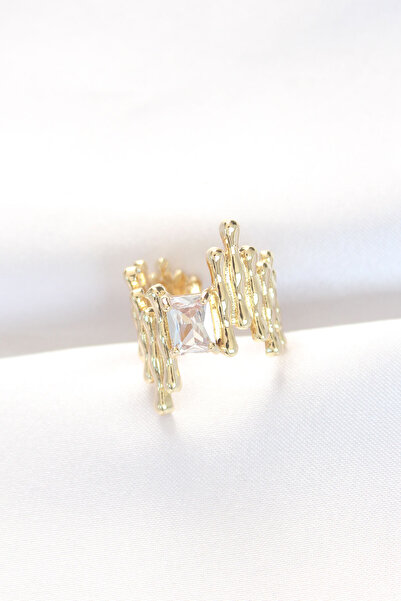 Nehir Gold Color Serrated Thick Baguette Stone Design Adjustable Ring Valenti...