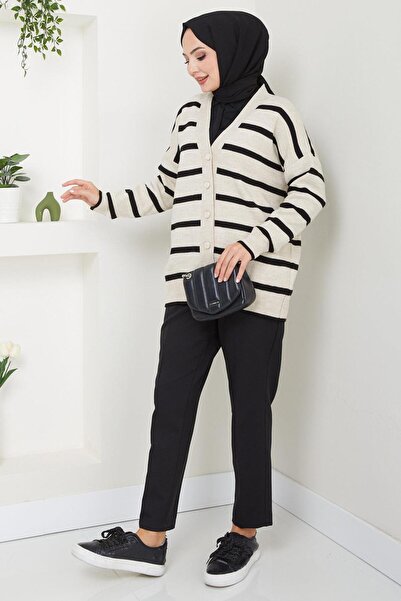 hafsamina Stone Colored Striped Araboy Knitwear Cardigan - Button Detailed Hm2516