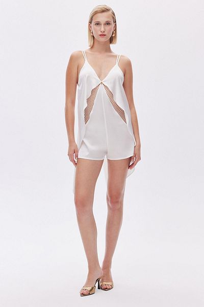Feu De Elu Ecru Satin Jumpsuit - Calla Lily, Lace Detail
