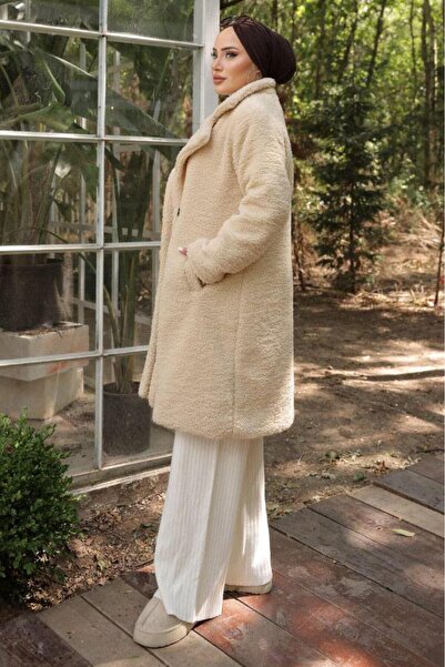 hafsamina Κρεμ βελούδινο παλτό - Fleto Pocket, HM2506 Model