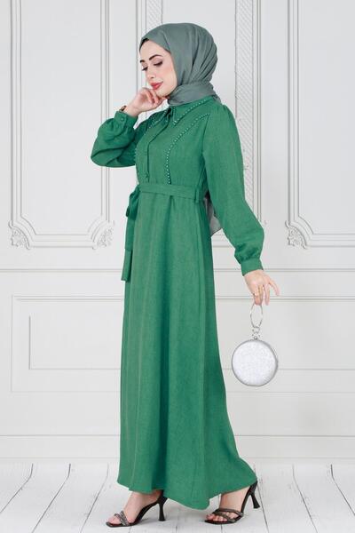 Sevitli Πράσινο φόρεμα Hijab - με μαργαριταρένιες λεπτομέρειες και φύλλο