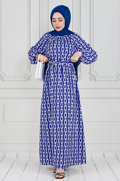 Sevitli Blue Hijab Dress - Chain Pattern