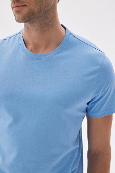 odelon Men's Slim Fit Crew Neck Light Blue Basic T-shirt - 100% Cotton