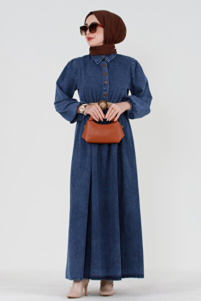 Sevitli Ψάθινη ζώνη τζιν φόρεμα-Navy Blue