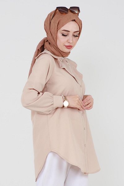 Sevitli Double-Detailed Poplin Tunic-Beige Collar