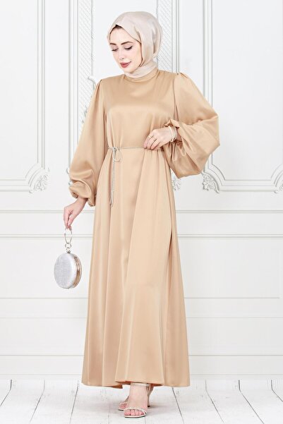 Sevitli Balon Kol Bel İpi Taş Detaylı Ece Abiye-Bej