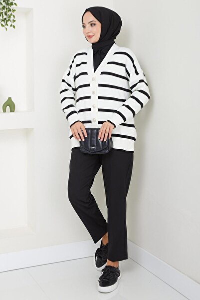 hafsamina White Striped Araboy Knitwear Cardigan - Button Detailed Hm2516