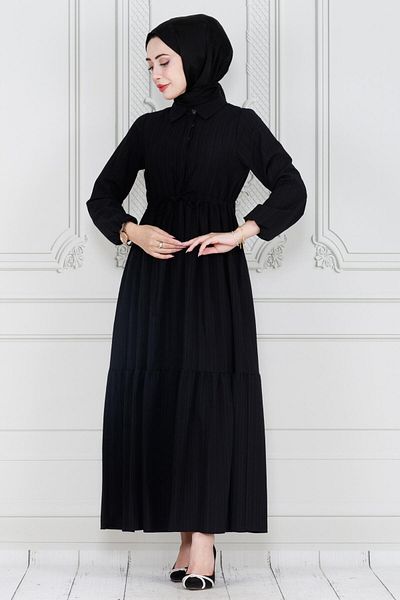 Sevitli Black Sare Dress - Shirt Collar and Waist Tunnel