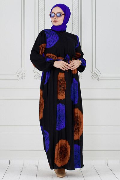 Sevitli Blue Viscose Dress with Hidden Buttons and Digital Print