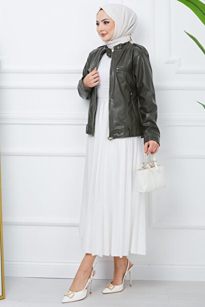 hafsamina Μπουφάν από συνθετικό δέρμα με γιακά με φερμουάρ Χακί HM2342